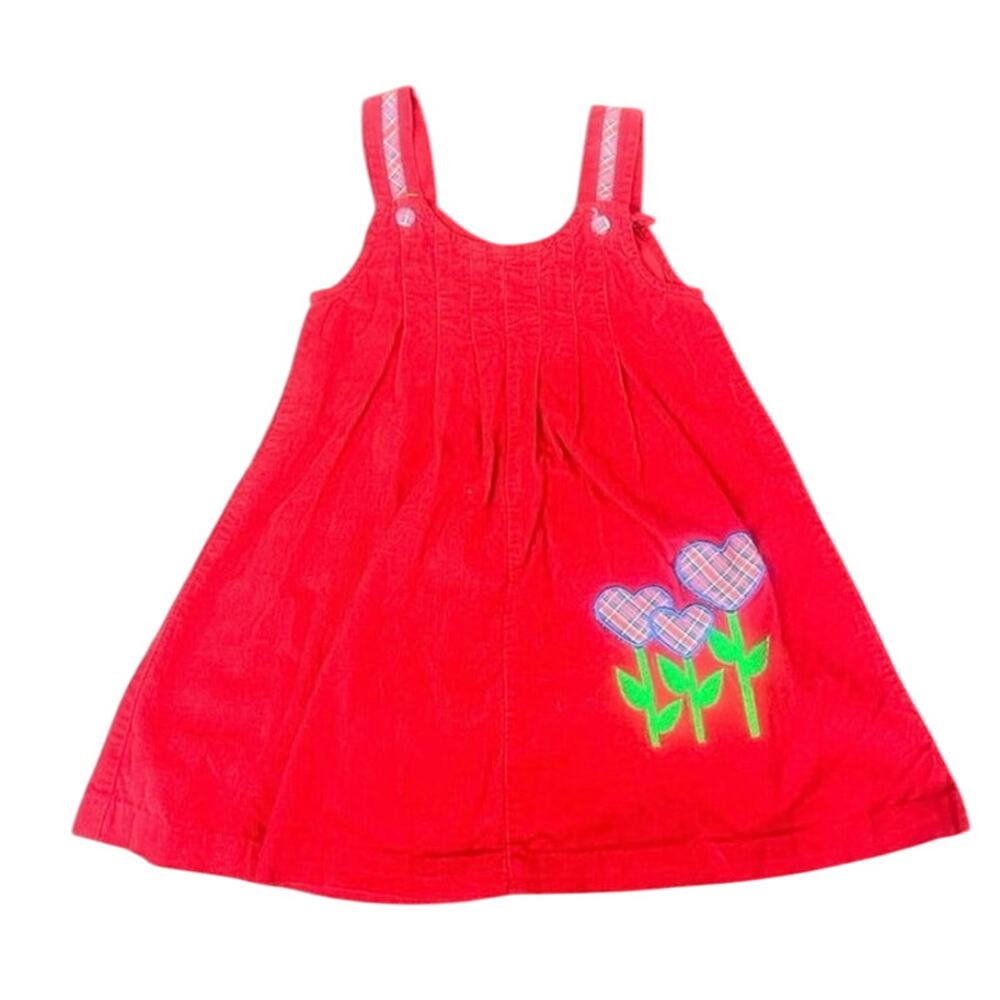 Girls Size 5 Red Corduroy Jumper Dress Heart‎ Flower Plaid Embroidered Cute EUC